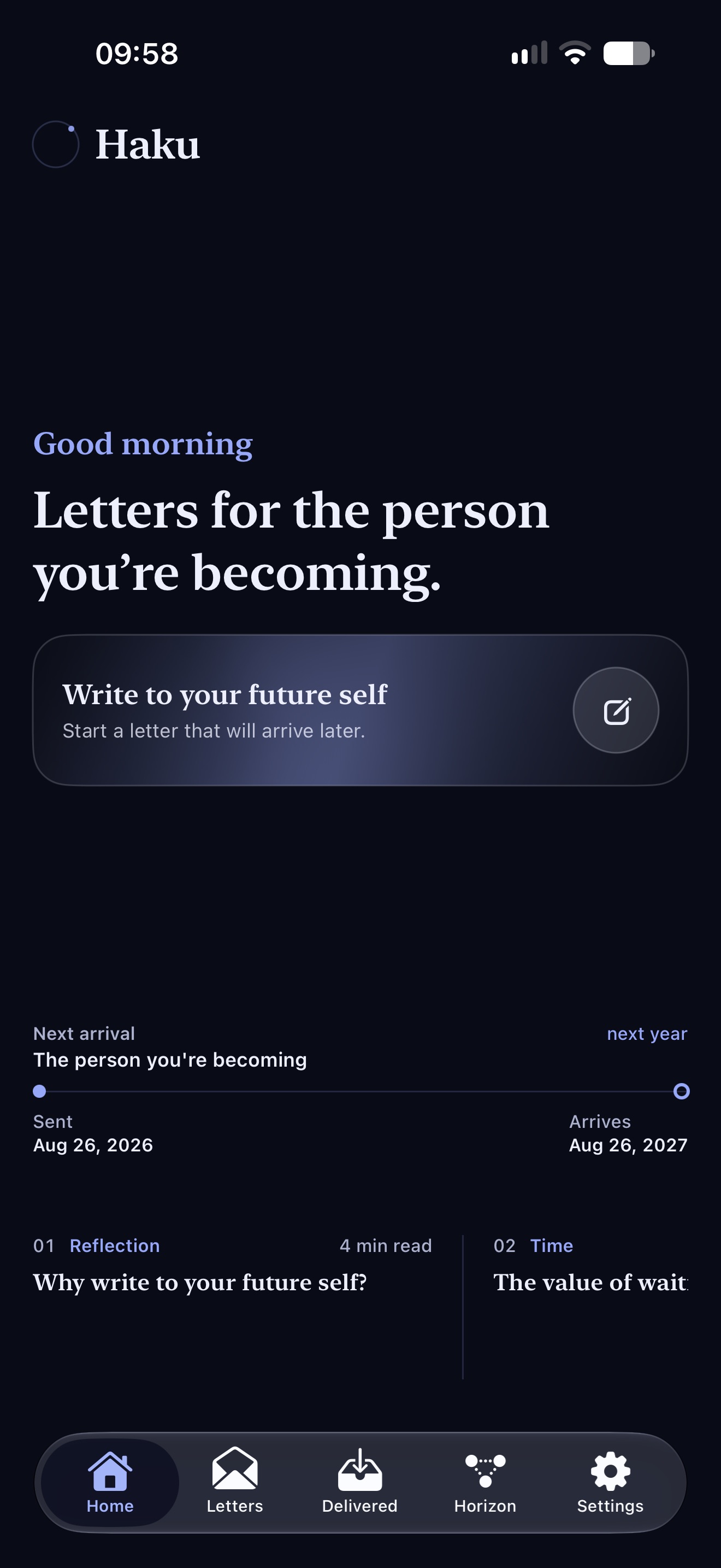 Haku home screen with a letter-writing prompt and an upcoming arrival timeline.