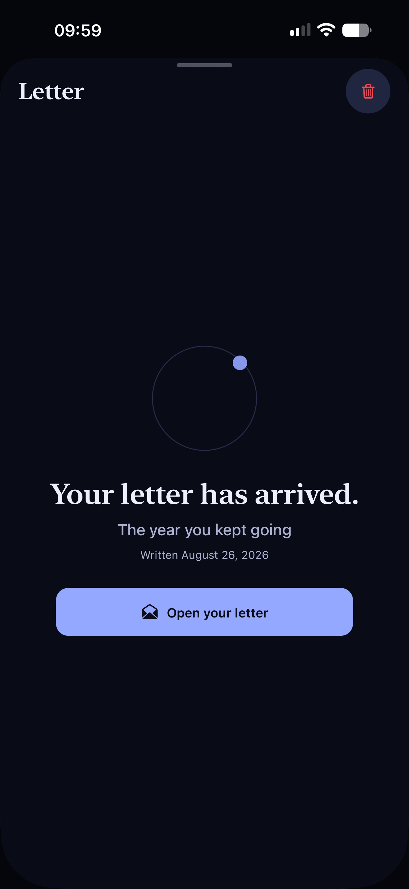Haku arrival screen inviting the reader to open a delivered letter.