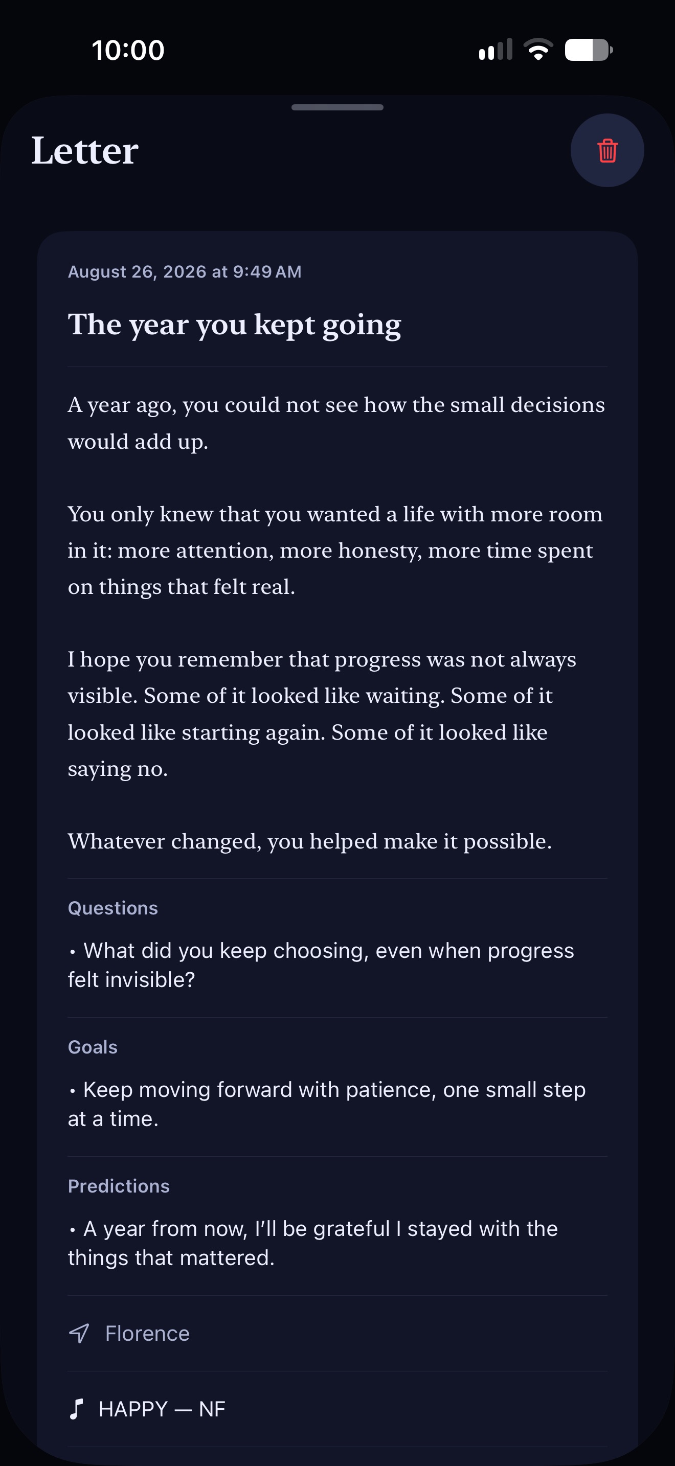 Haku letter view with a reflective message and prompts for questions, goals, and predictions.